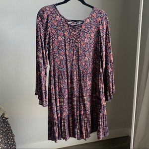 American Eagle Floral Boho Red and Navy Blue Dress